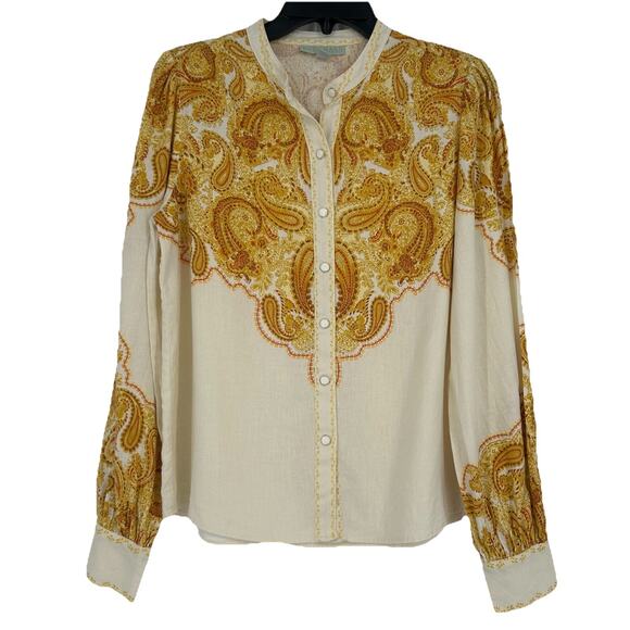 Rye Grass Boho Linen Blend Top Western Paisley Print Beige Mustard Yellow Size S - Picture 1 of 10